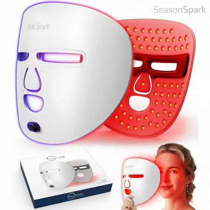 LED face mask with red and white design, packaging, and a person wearing it.